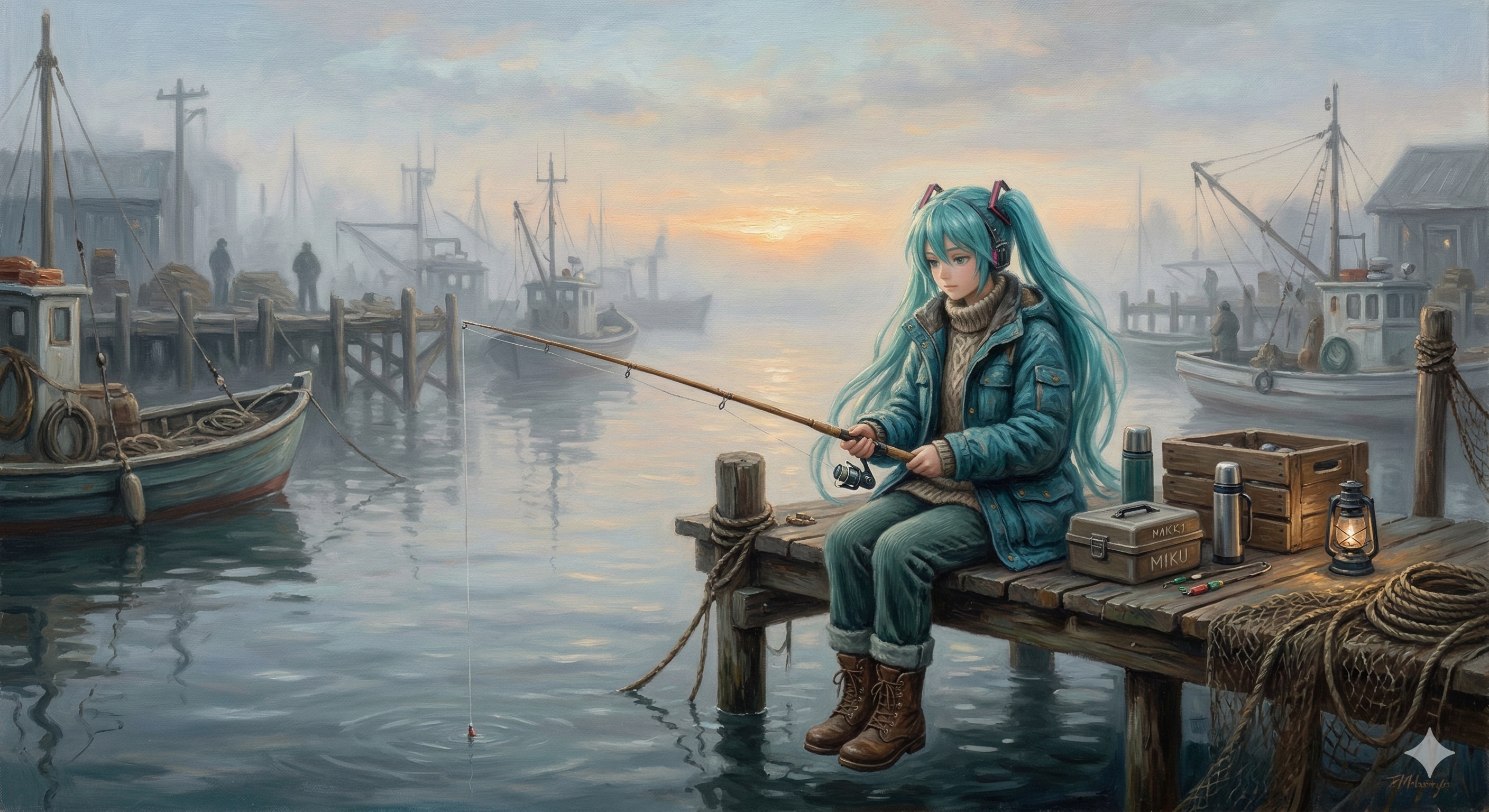 朝霧の中釣り糸をたらすミクさん | の人気AIイラスト・グラビア