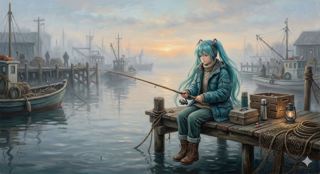 朝霧の中釣り糸をたらすミクさん