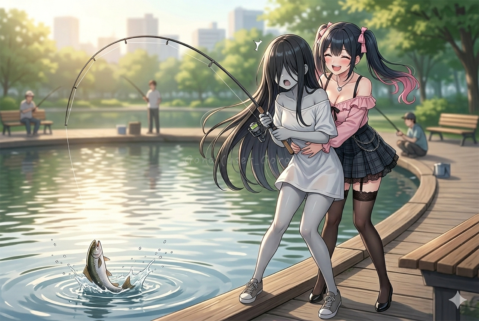 貞ちゃんと月宮れいの釣り堀体験 | の人気AIイラスト・グラビア