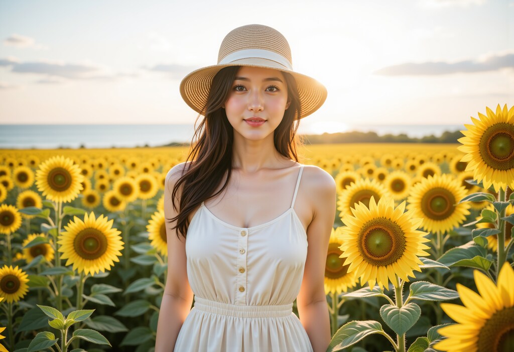 ひまわり畑の女性