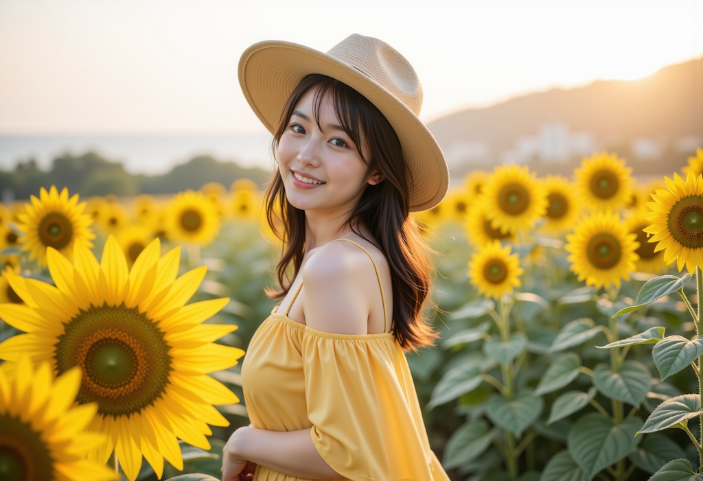 ひまわり畑の女性