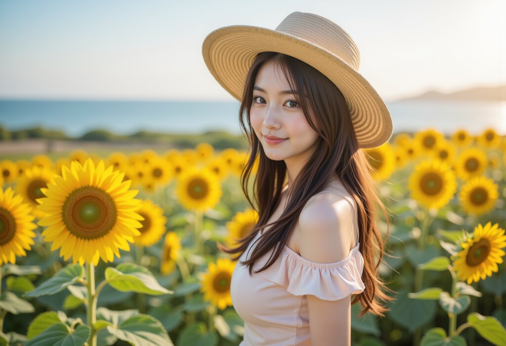 ひまわり畑の女性