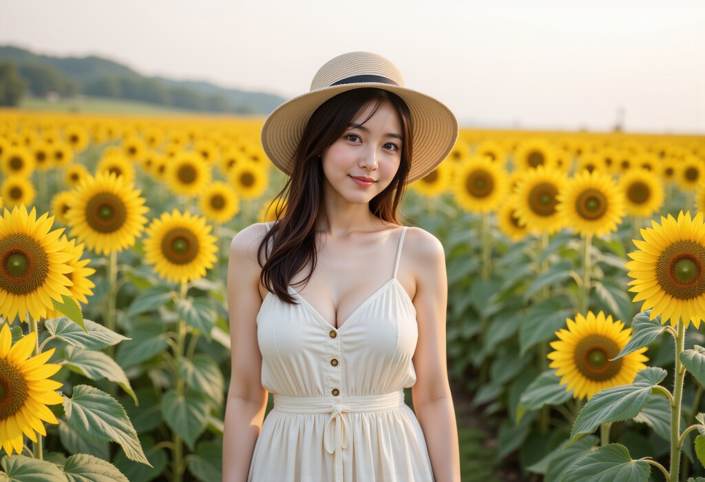 ひまわり畑の女性