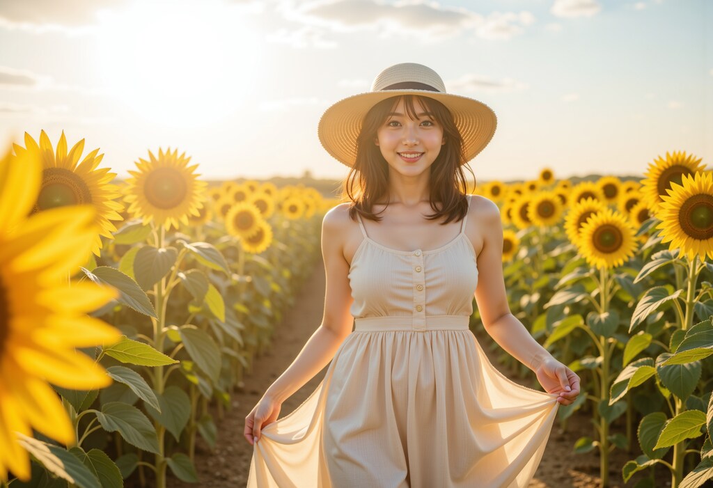 ひまわり畑の女性