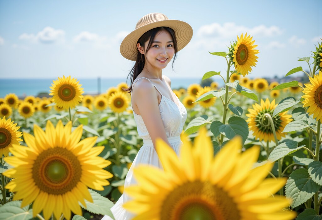 ひまわり畑の女性