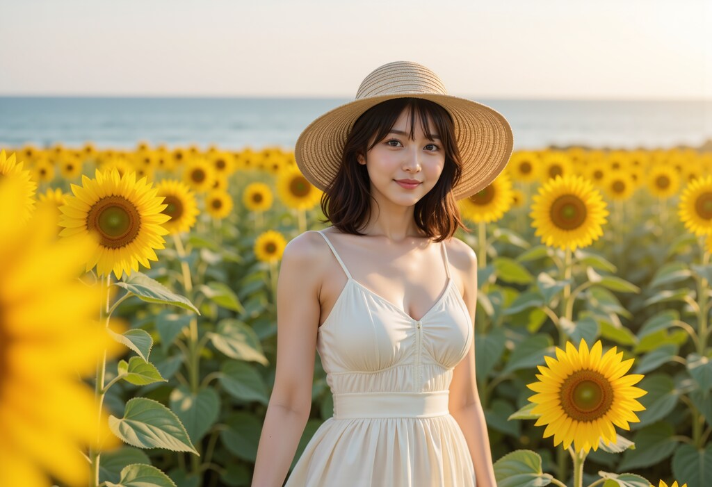 ひまわり畑の女性