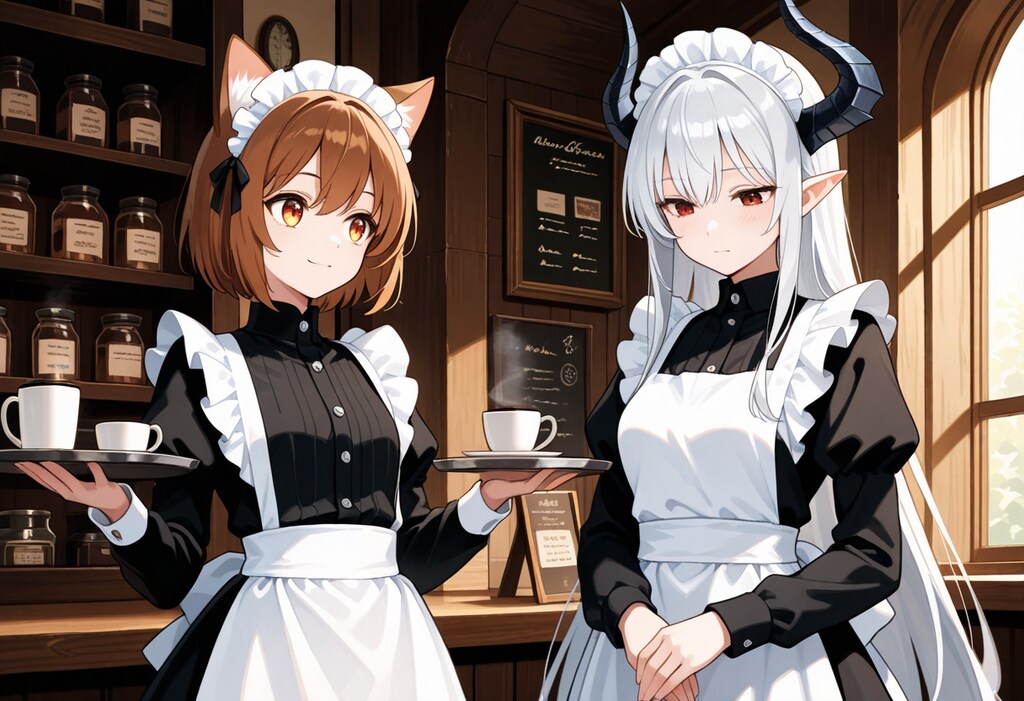 メイド服が制服の喫茶店で働く猫娘と慣れない服な感じの銀髪竜姫