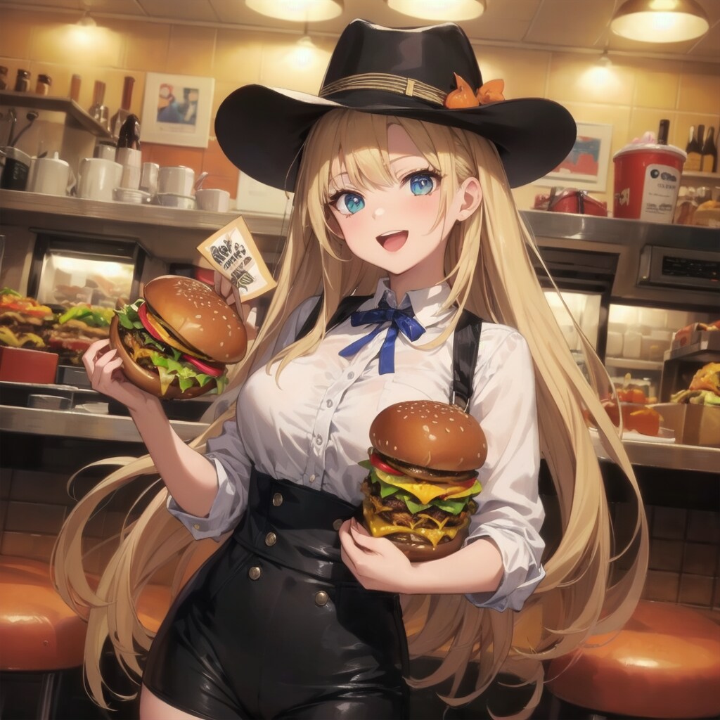 大きなハンバーガーをワイルドに持つカウガール