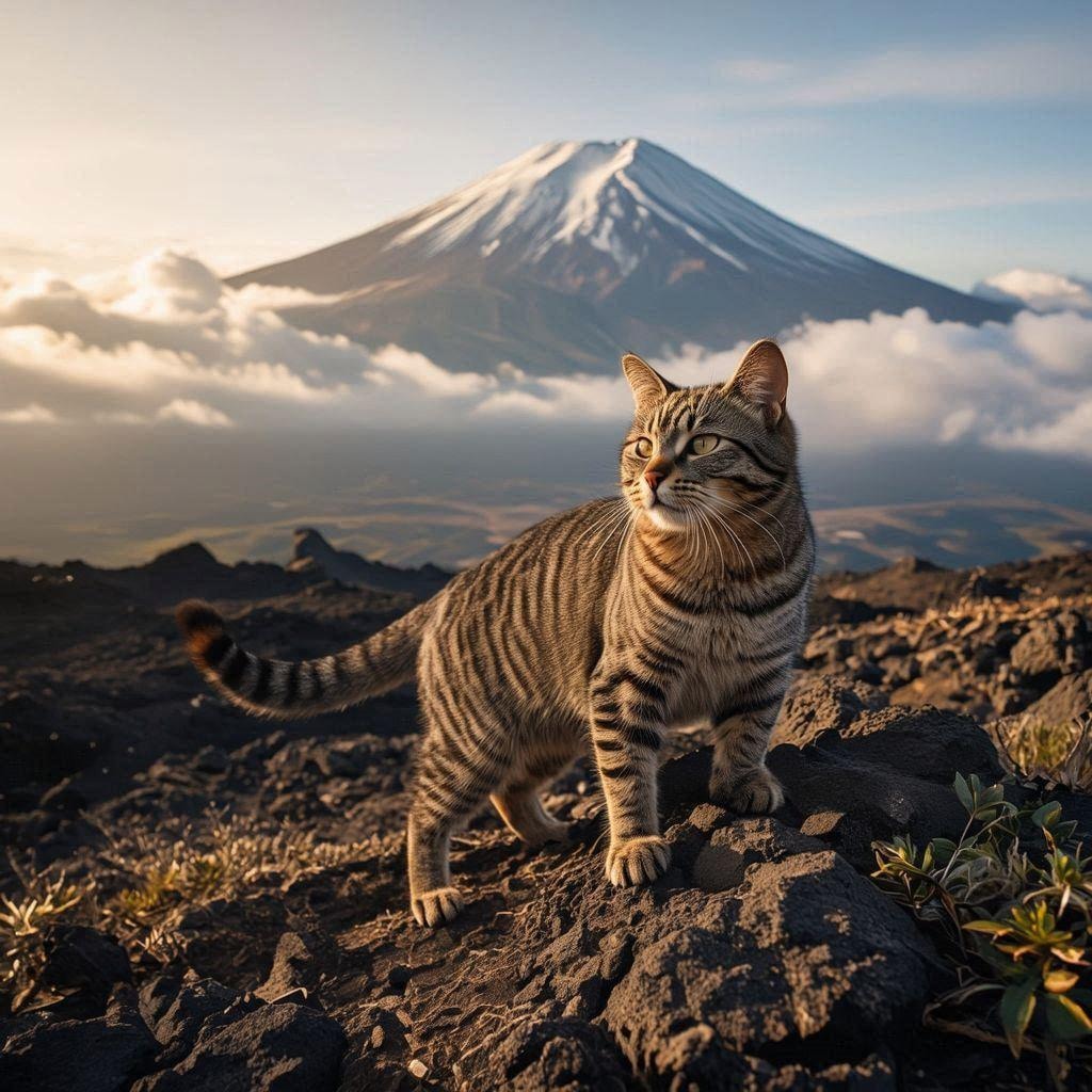 富士山登頂をする猫