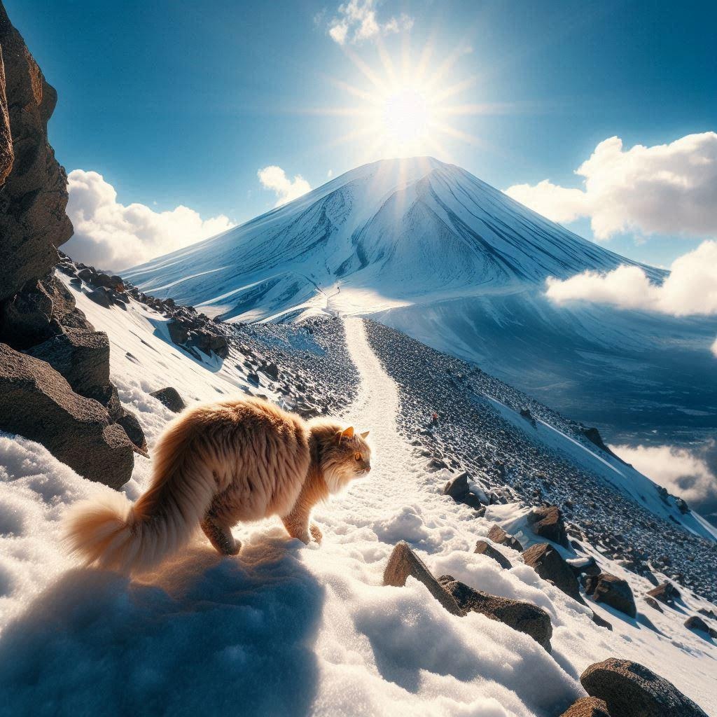 富士山登頂をする猫