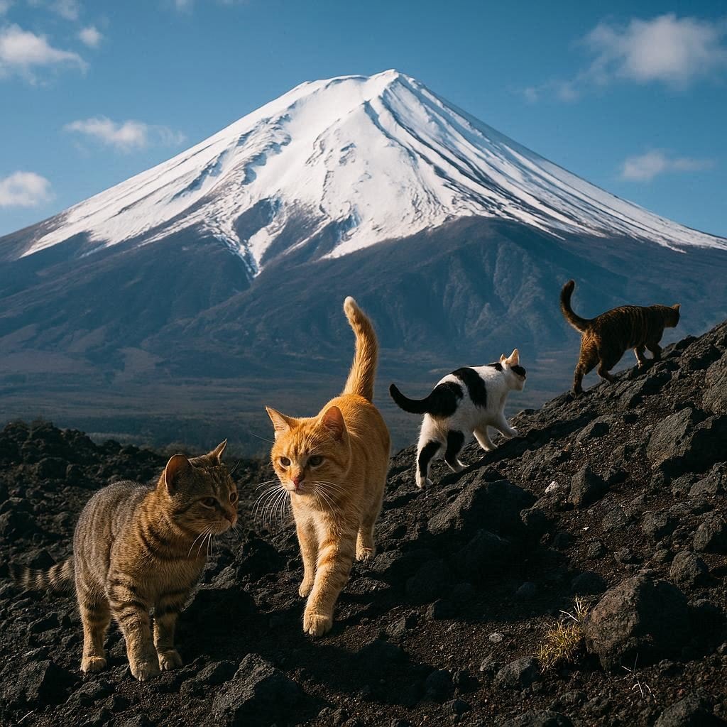 富士山登頂をする猫