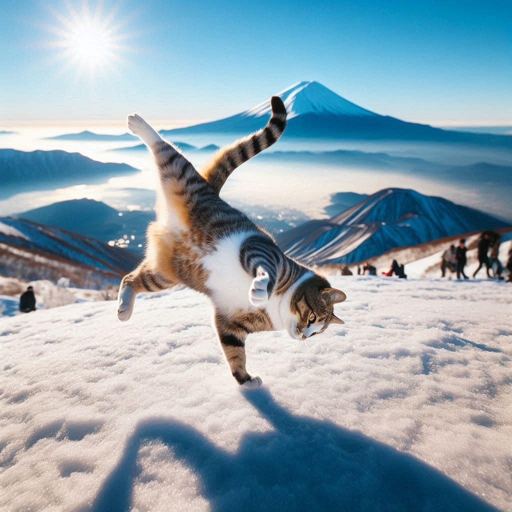 富士山登頂をする猫