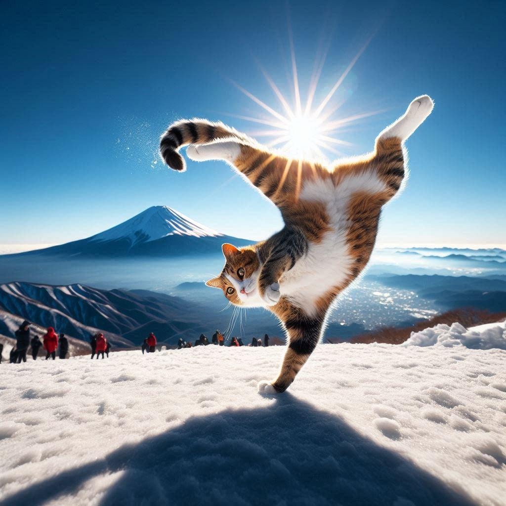富士山登頂をする猫