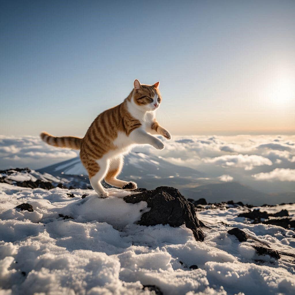 富士山登頂をする猫
