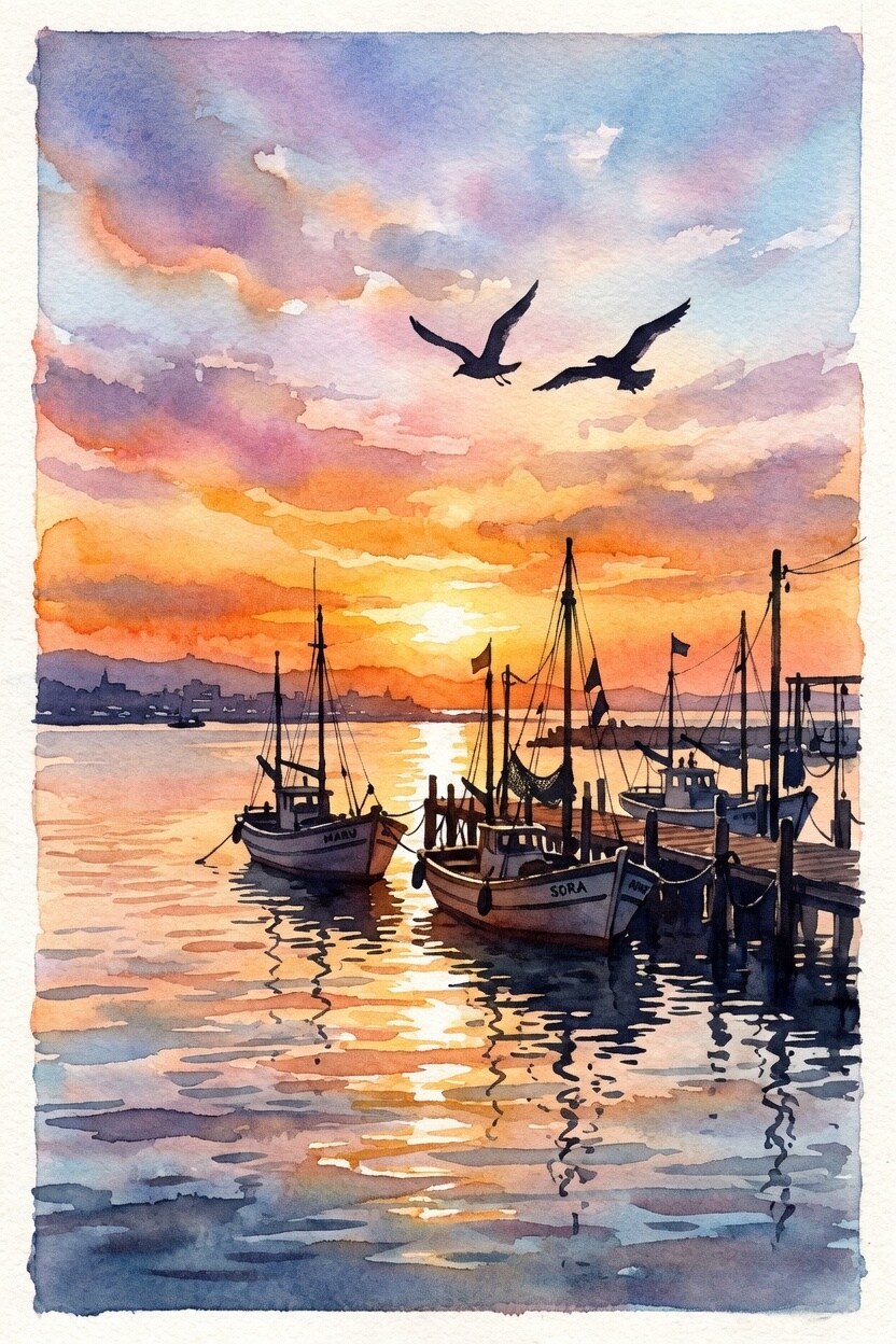 夕焼けと港とカモメ