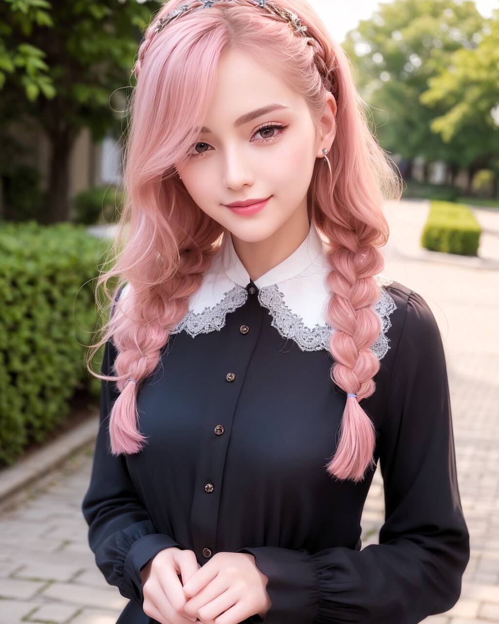 三つ編みの女の子。ピンク。