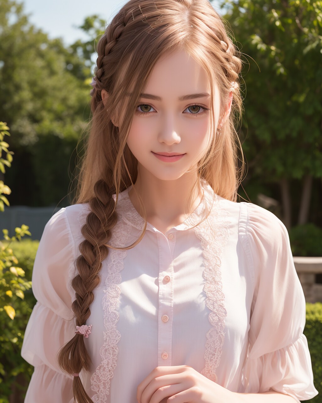 三つ編みの女の子。ピンク。