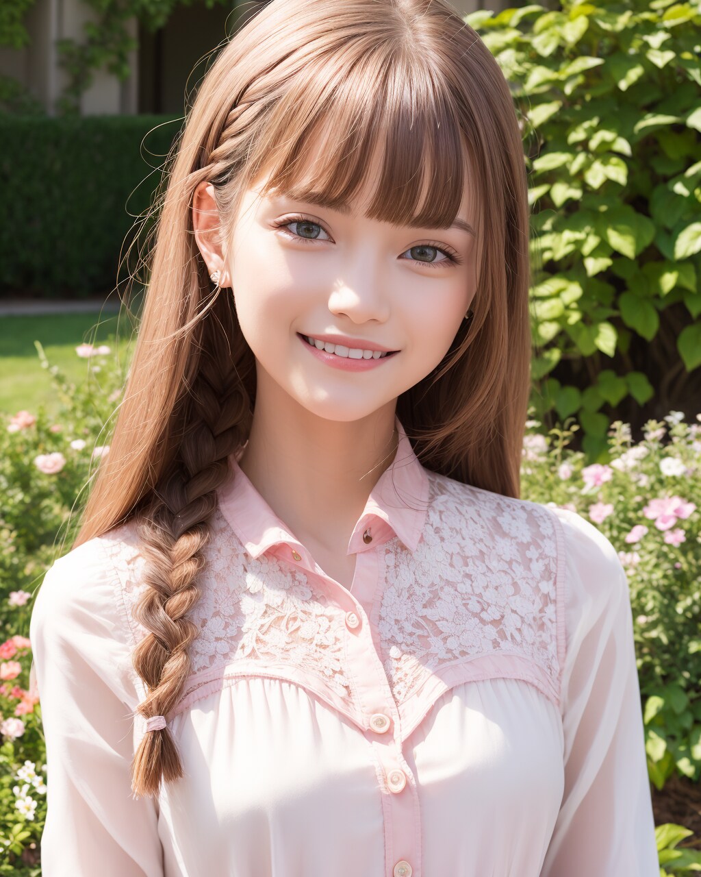 三つ編みの女の子。ピンク。