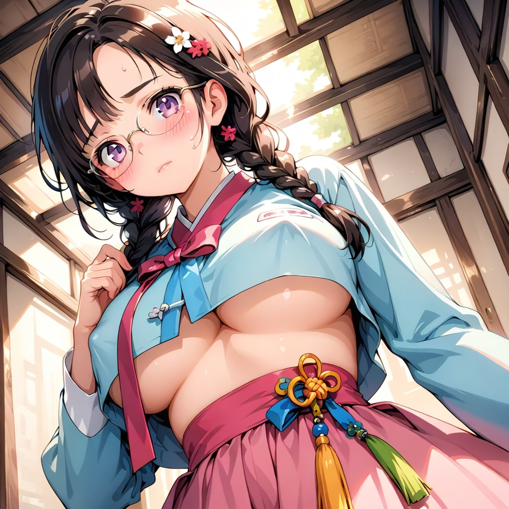 三つ編み眼鏡ちゃんと下乳チョゴリ