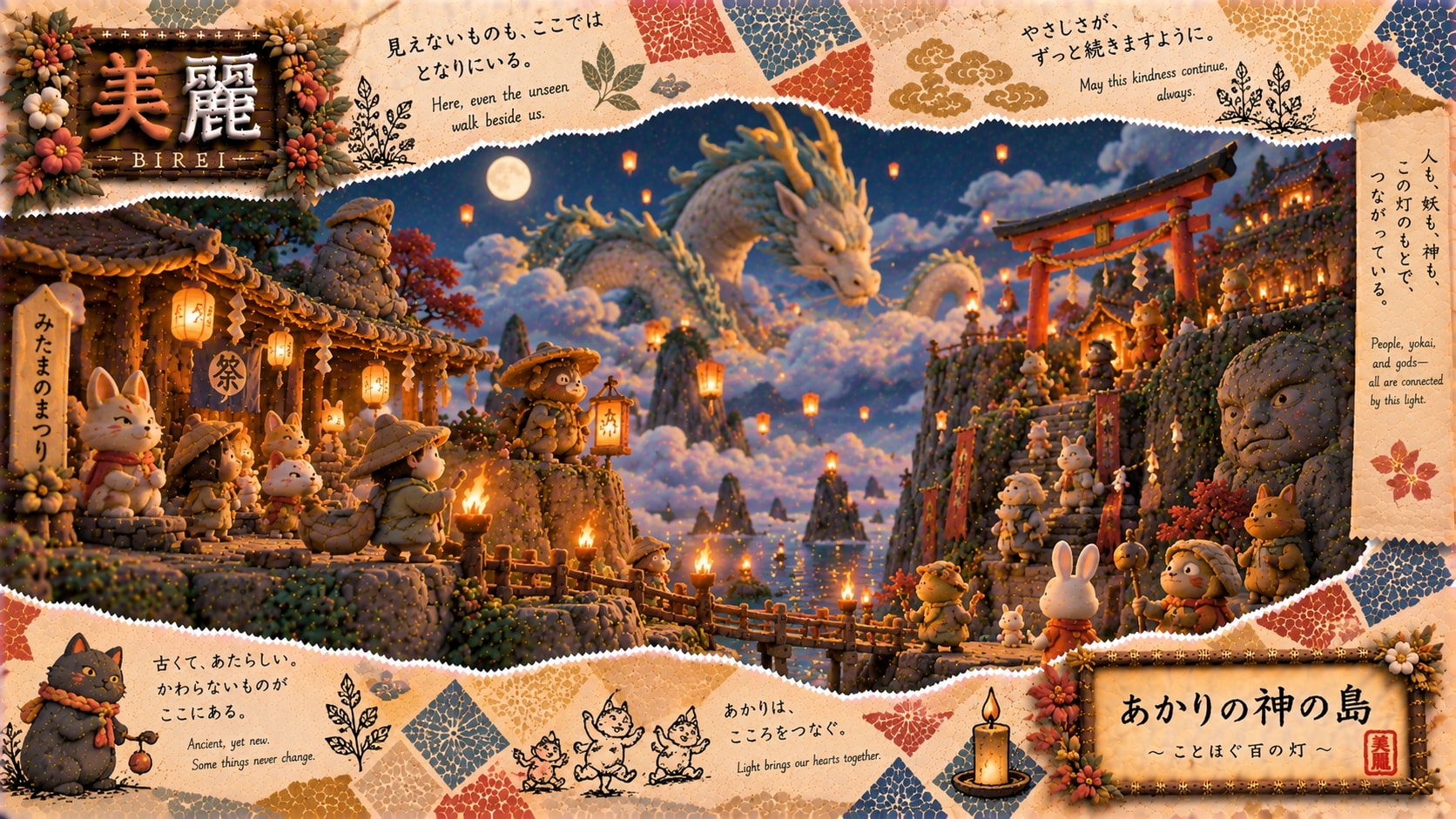 A festival island where cats, yokai, and a great dragon all gather under lantern light.  Here, even | の人気AIイラスト・グラビア