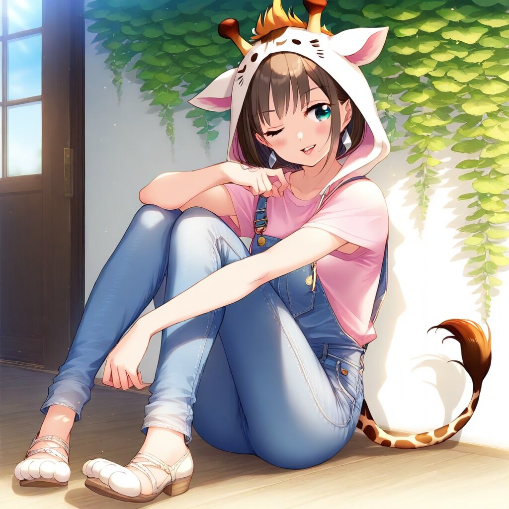 観葉植物とアニマルフーディーお姉さん