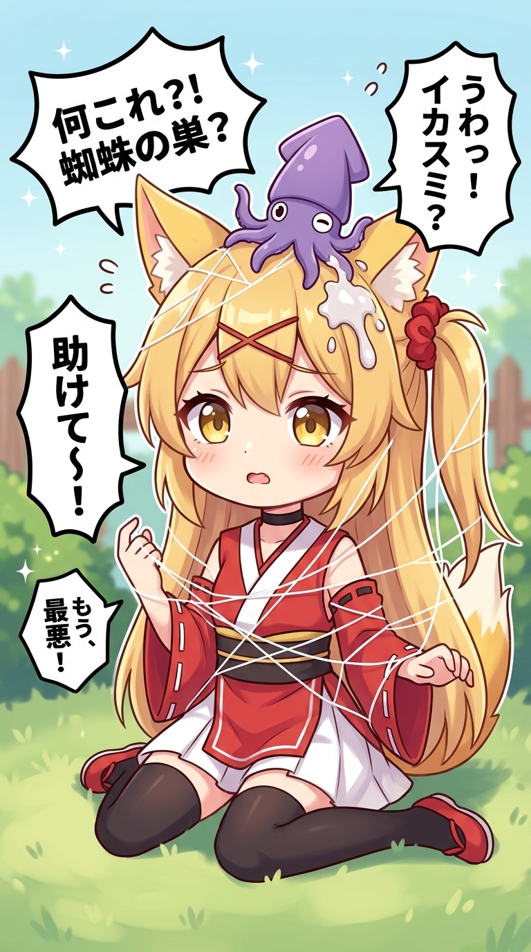 ミラさんが頭にイカのせて白い墨を吐かせ、クモの巣絡めるだけの健全イラスト