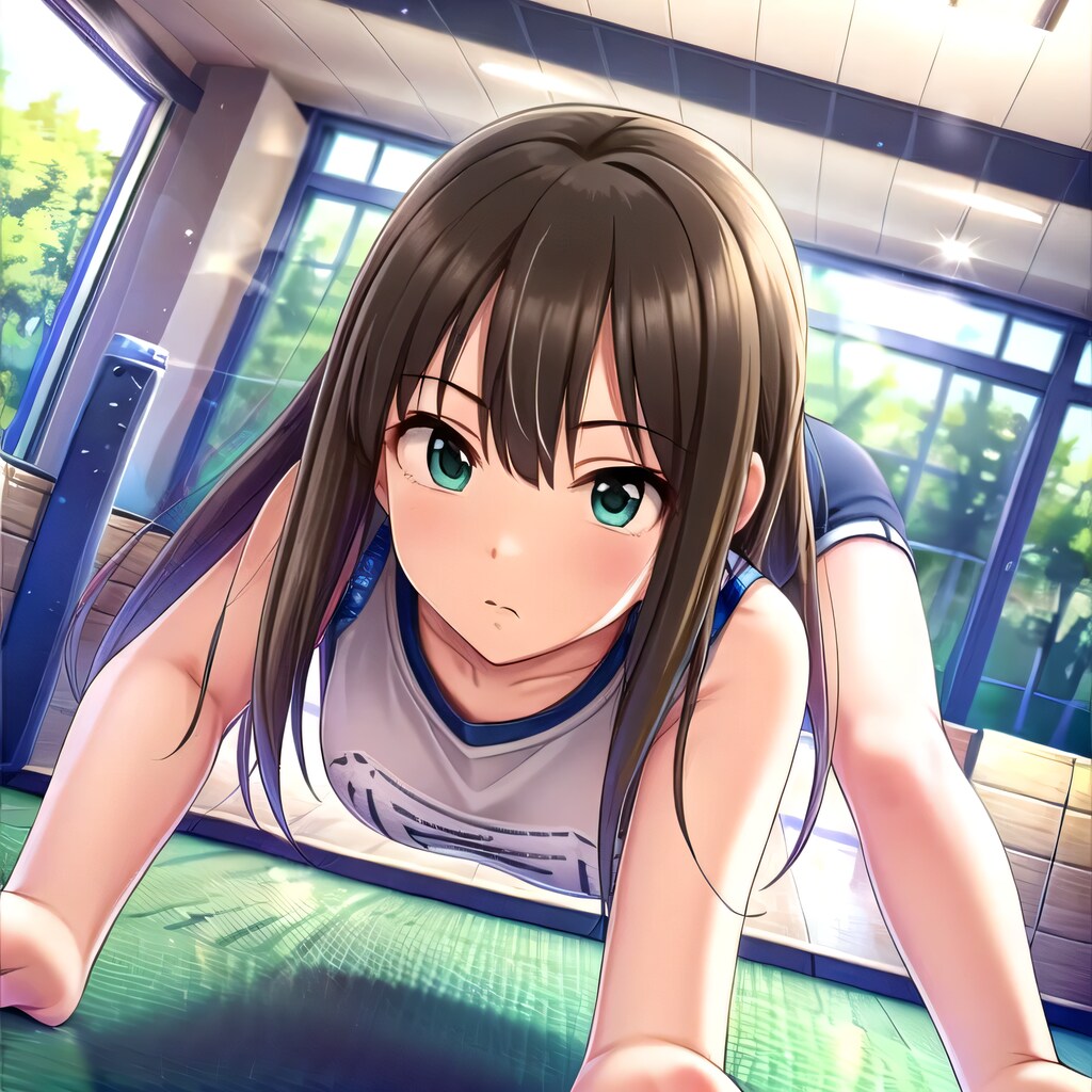 黒髪ロングで筋トレの少女