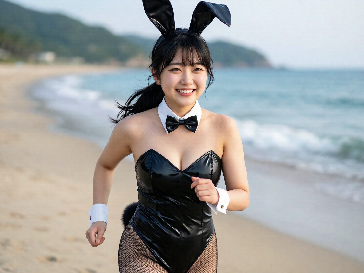 海岸を走るバニーガール