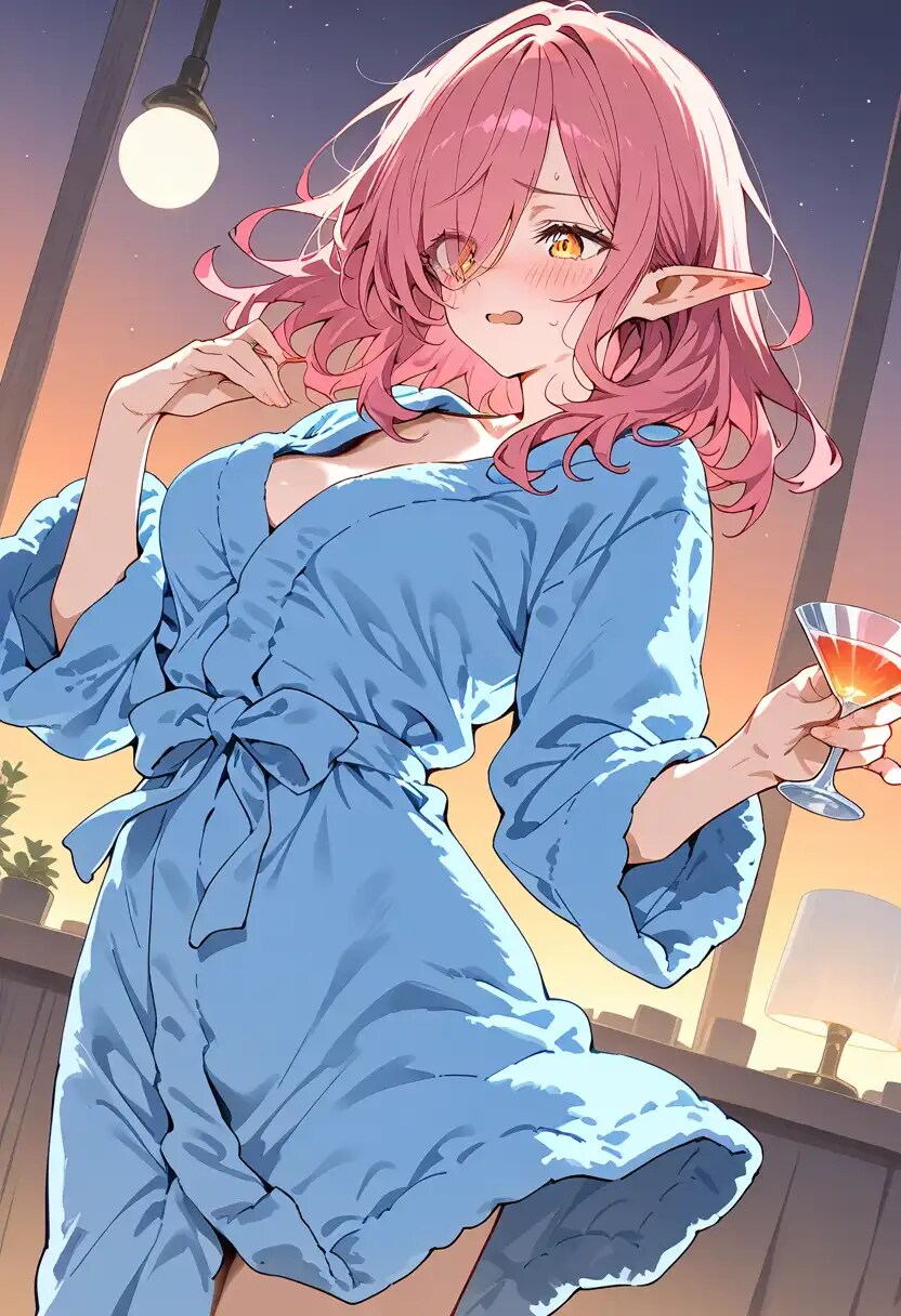 バスローブ姿のエルフ美少女
