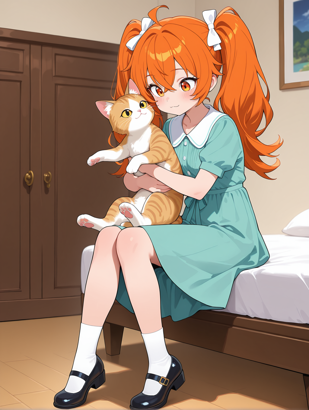 三毛猫を抱えるツインテ少女