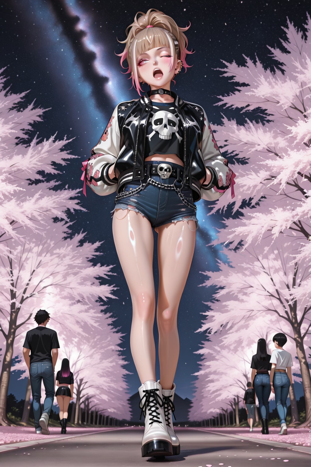 桜並木を歩くダルそうなガールズパンク | の人気AIイラスト・グラビア
