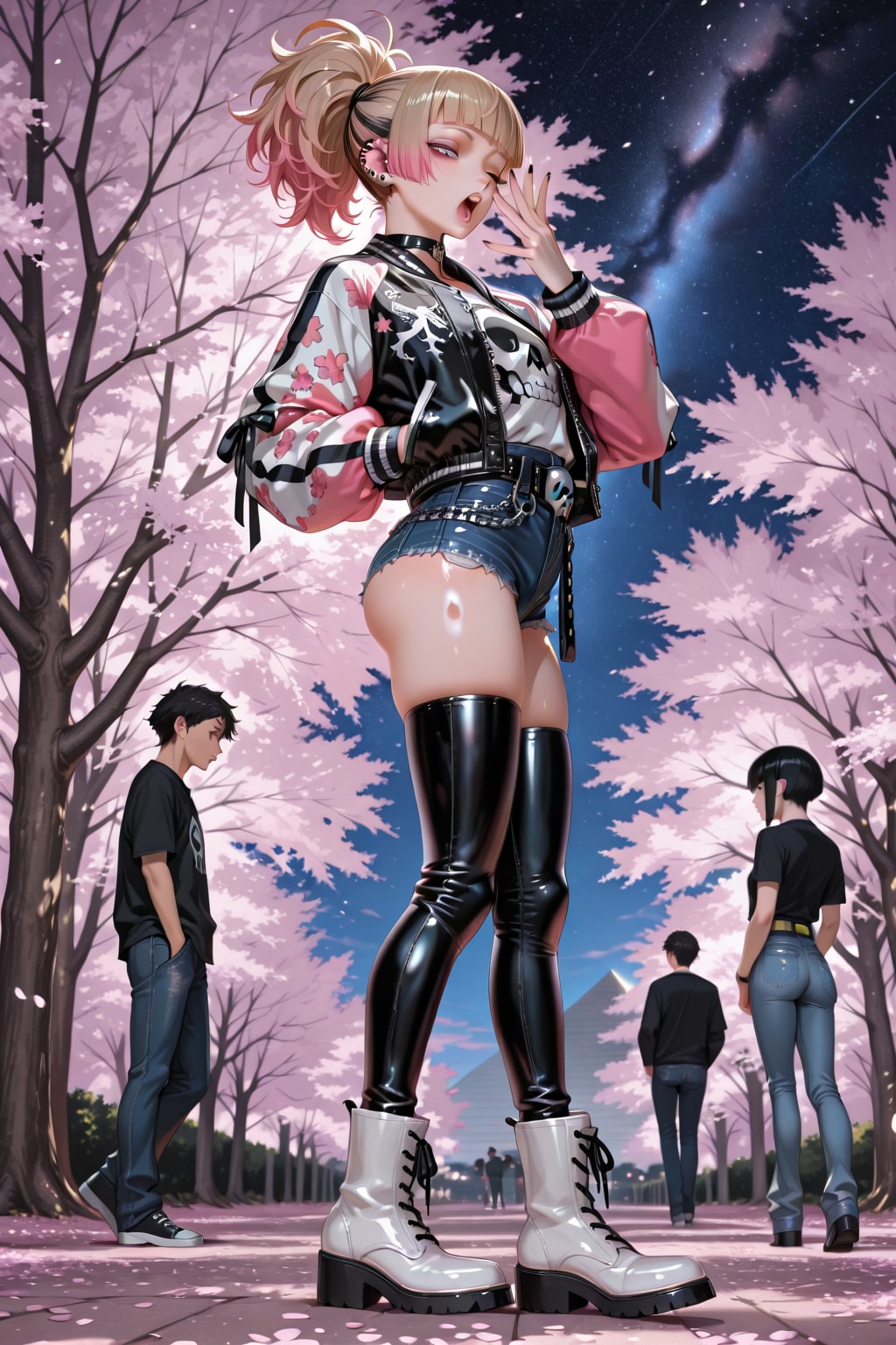 桜並木を歩くダルそうなガールズパンク