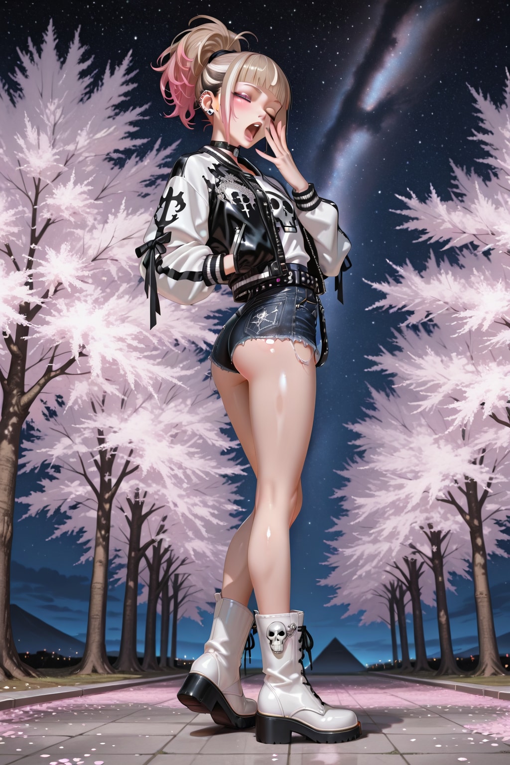 桜並木を歩くダルそうなガールズパンク