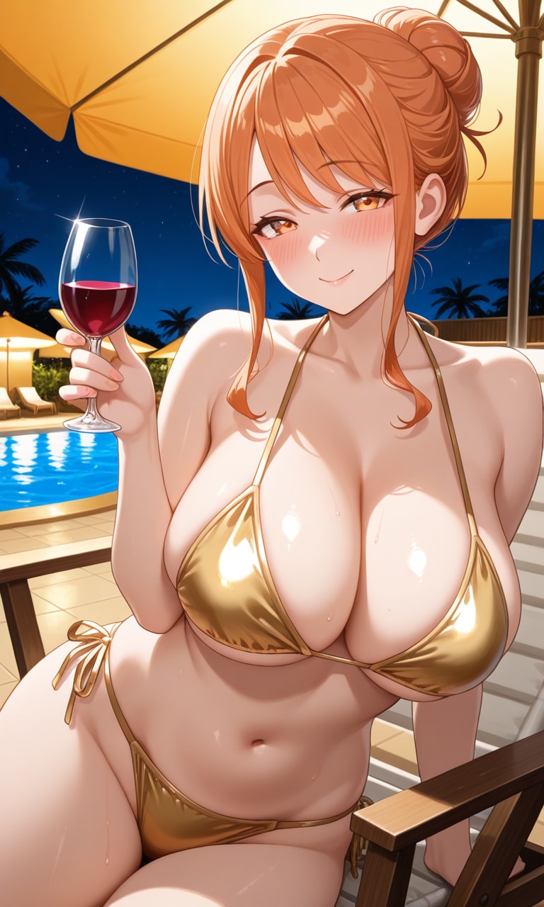 金色ビキニとワインで誘惑ガハママ👙🍷🌃😍