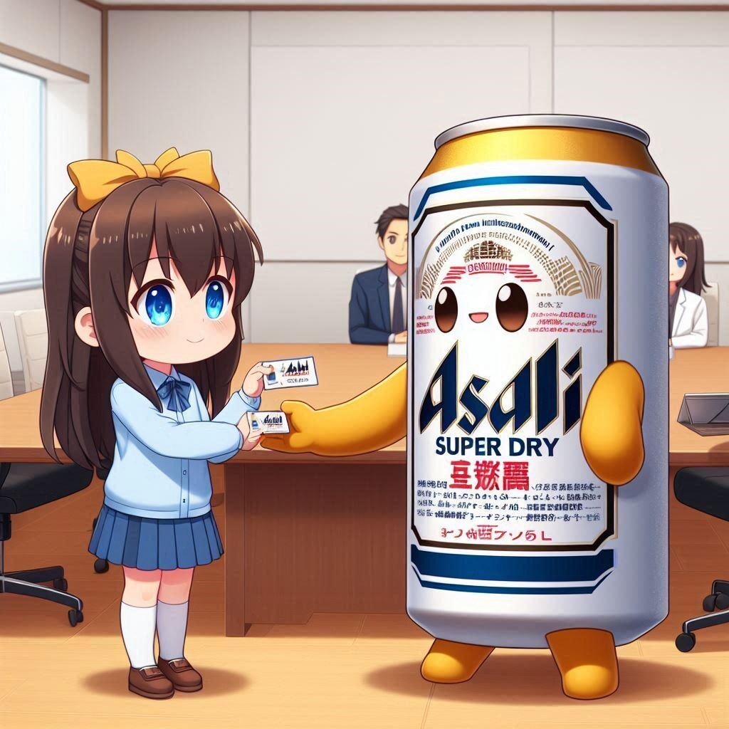 名刺交換するビール缶と小さな女の子