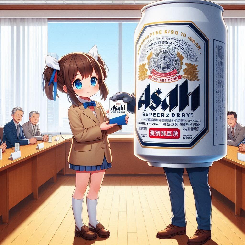名刺交換するビール缶と小さな女の子