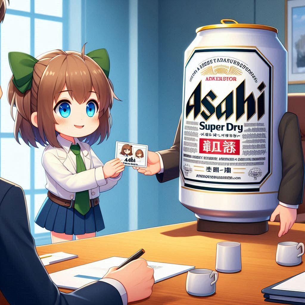 名刺交換するビール缶と小さな女の子