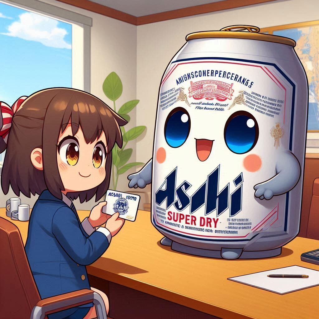 名刺交換するビール缶と小さな女の子