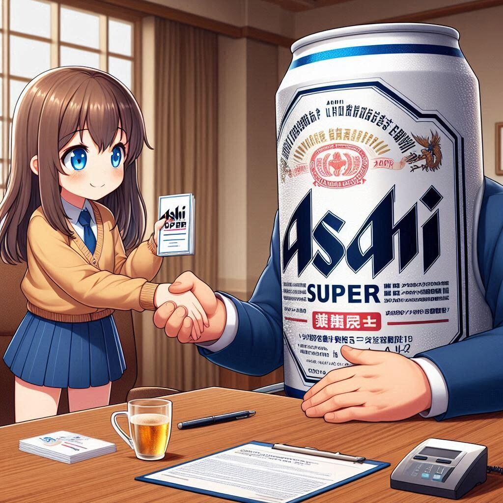 名刺交換するビール缶と小さな女の子