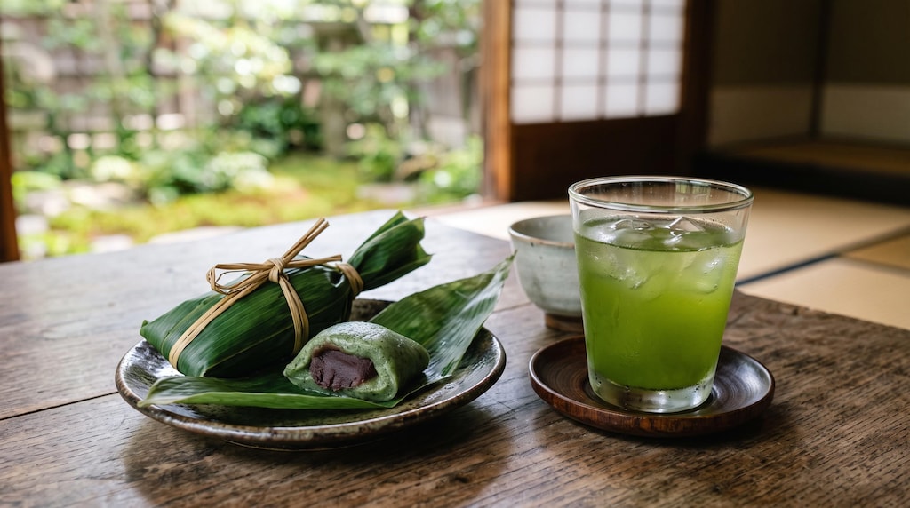 デザートの笹団子と冷たい緑茶