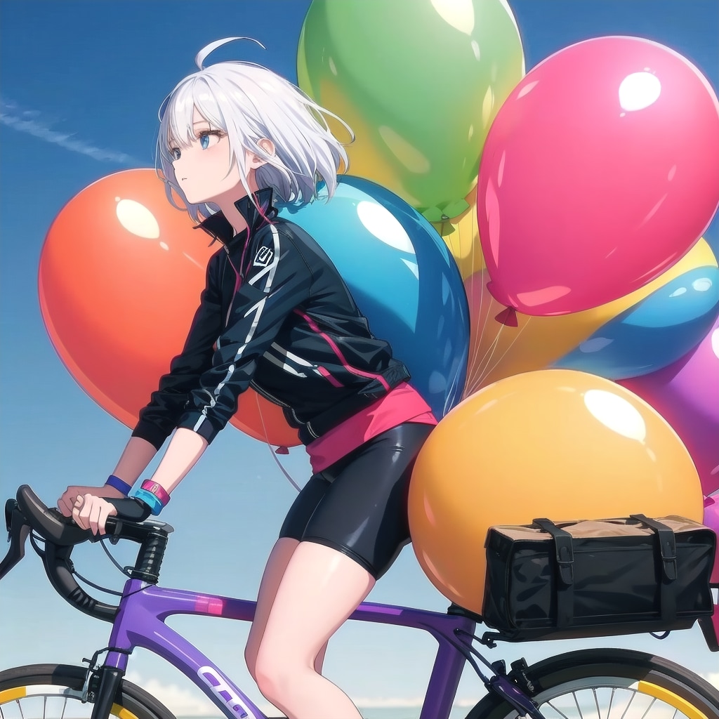 いっぱい色とりどりの巨大風船を持つ白い髪ロングオッドアイのロードバイク乗っている美女 | の人気AIイラスト・グラビア
