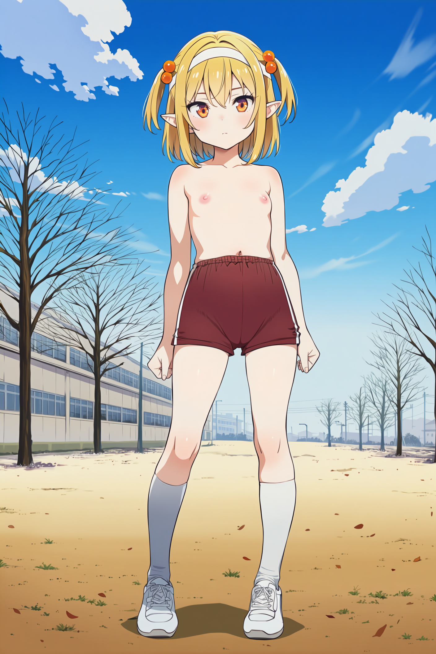 上半身裸+体操着の短パンのエルフさん