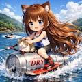 水上スキーをしながら猫を撫でる小さな女の子 4枚目