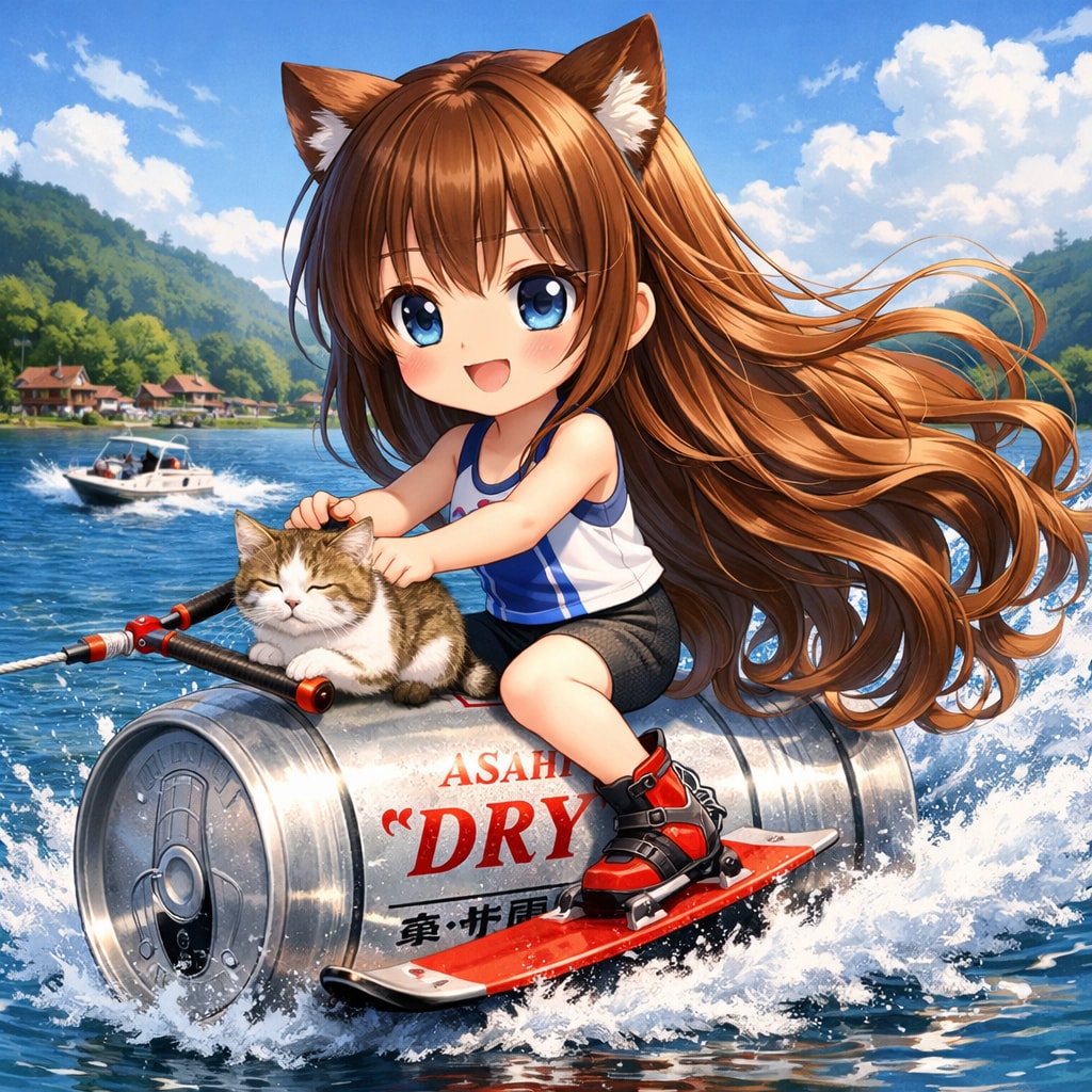水上スキーをしながら猫を撫でる小さな女の子