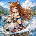 水上スキーをしながら猫を撫でる小さな女の子 2枚目