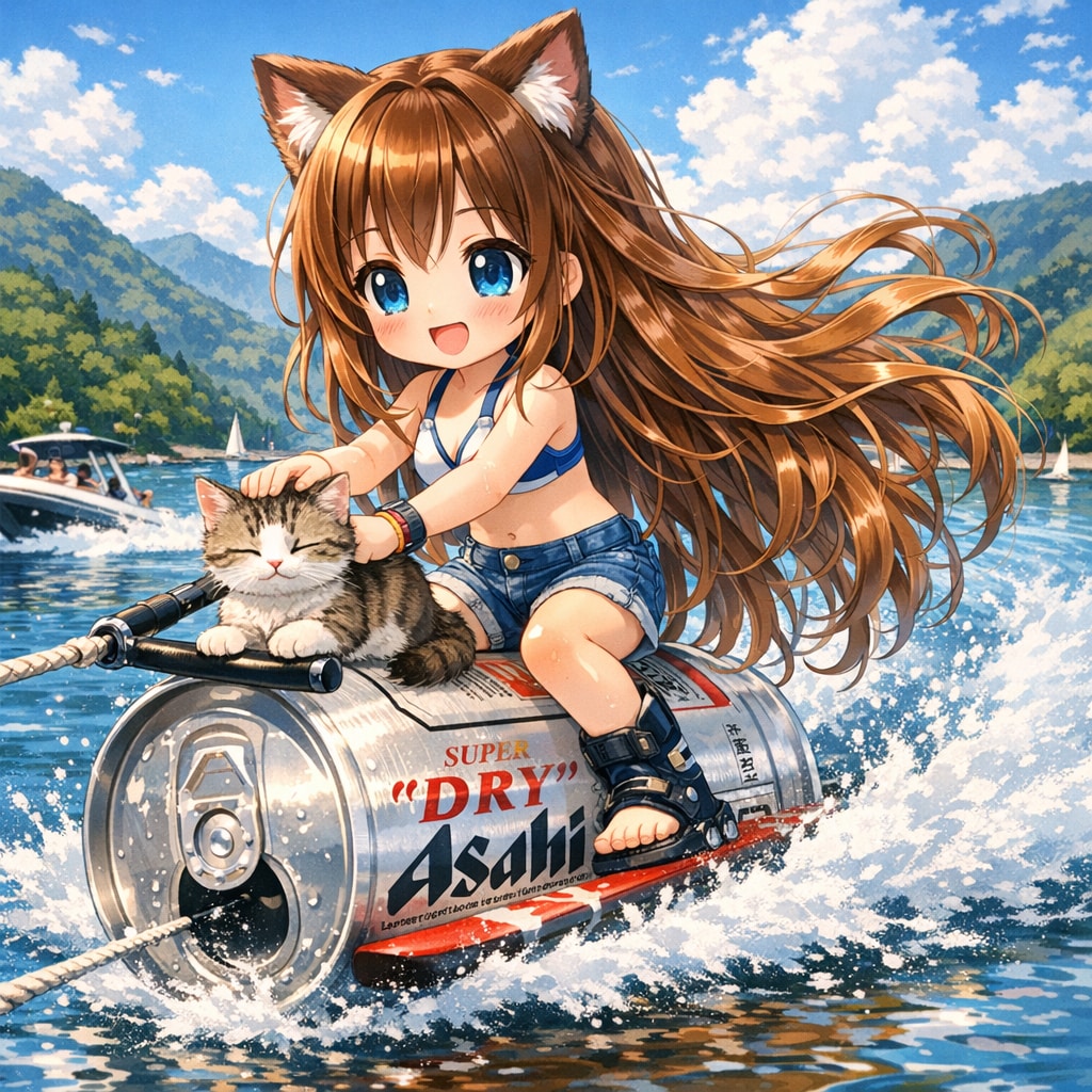 水上スキーをしながら猫を撫でる小さな女の子
