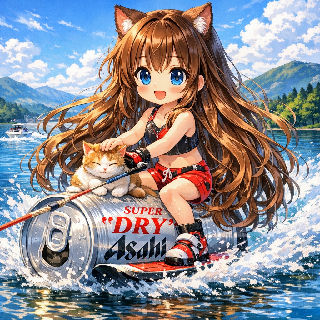 水上スキーをしながら猫を撫でる小さな女の子