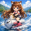 水上スキーをしながら猫を撫でる小さな女の子 3枚目