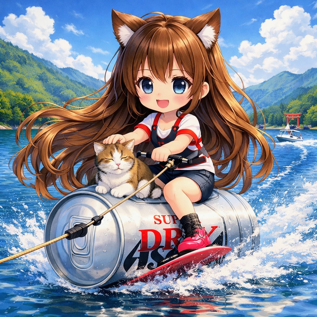 水上スキーをしながら猫を撫でる小さな女の子