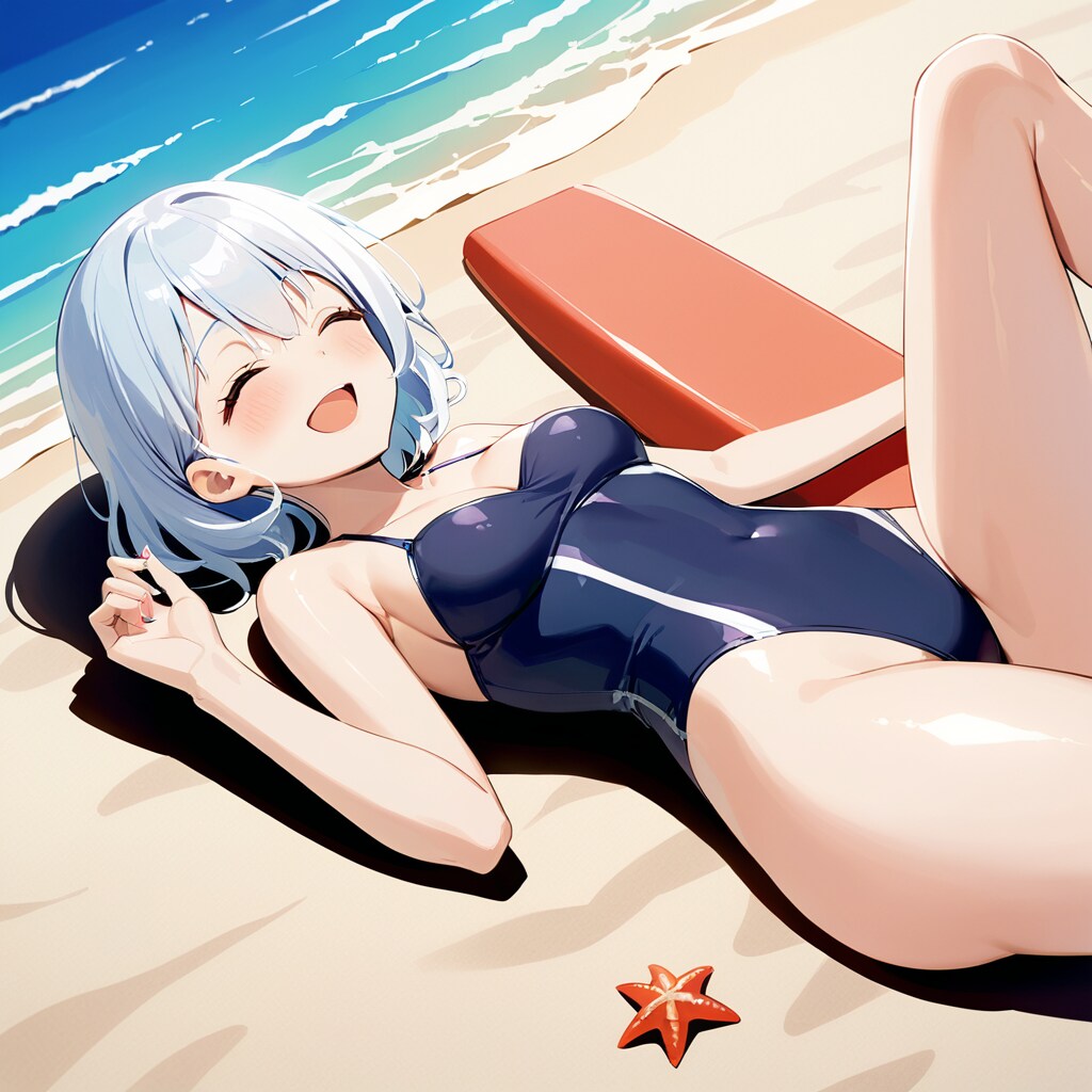 浜辺で寝そべるスク水さん